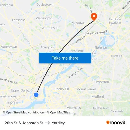 20th St & Johnston St to Yardley map