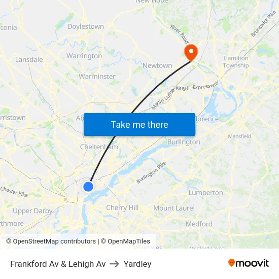 Frankford Av & Lehigh Av to Yardley map