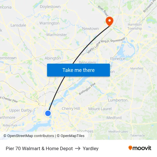 Pier 70 Walmart & Home Depot to Yardley map