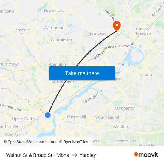 Walnut St & Broad St - Mbns to Yardley map