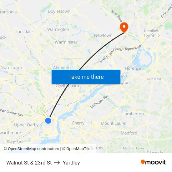 Walnut St & 23rd St to Yardley map