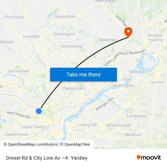 Drexel Rd & City Line Av to Yardley map