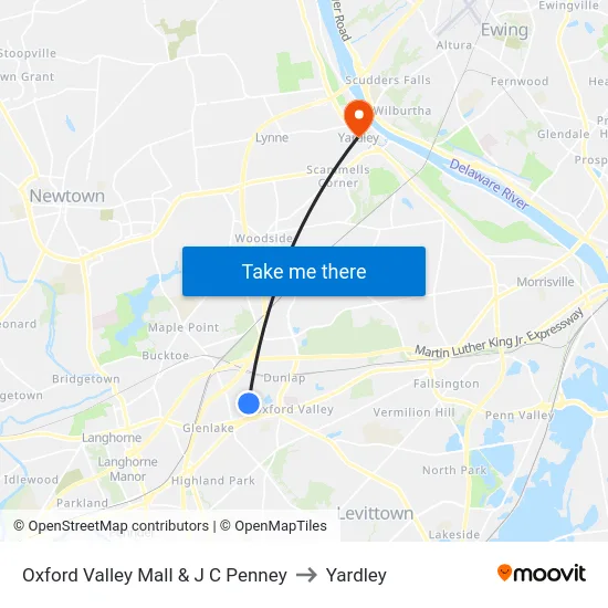 Oxford Valley Mall & J C Penney to Yardley map