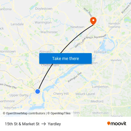 15th St & Market St to Yardley map