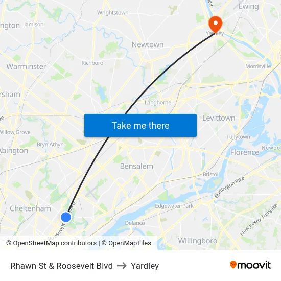 Rhawn St & Roosevelt Blvd to Yardley map