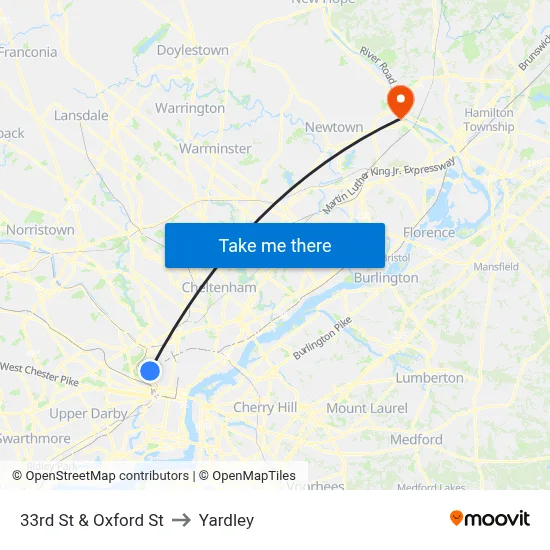 33rd St & Oxford St to Yardley map
