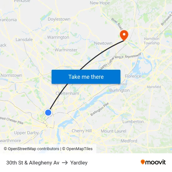 30th St & Allegheny Av to Yardley map
