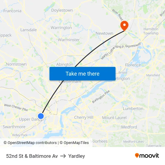 52nd St & Baltimore Av to Yardley map