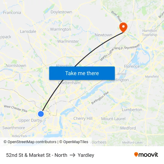 52nd St & Market St - North to Yardley map