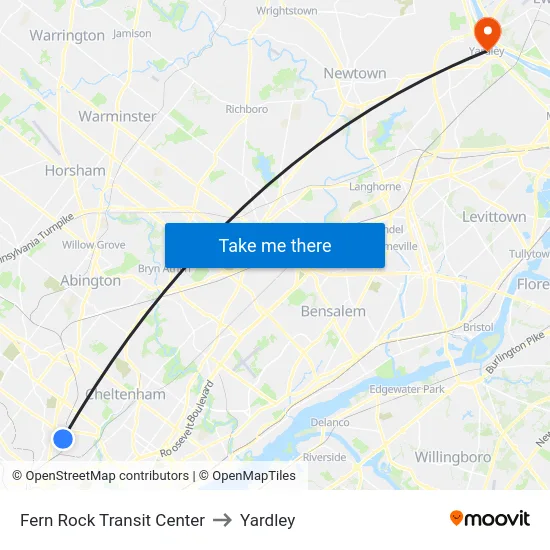 Fern Rock Transit Center to Yardley map