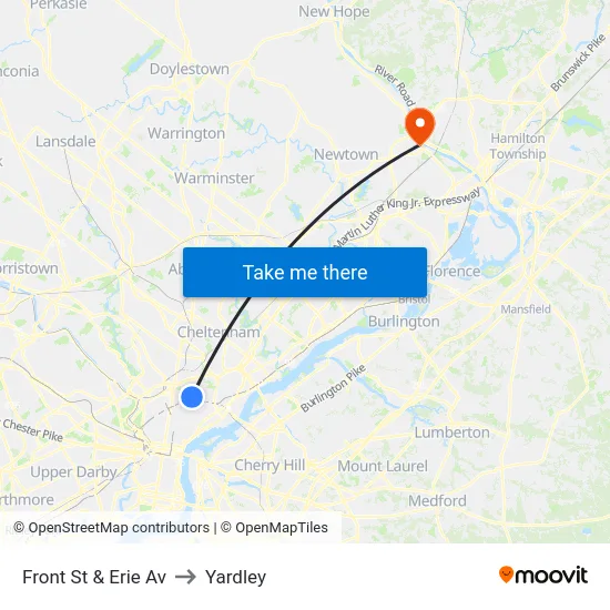 Front St & Erie Av to Yardley map