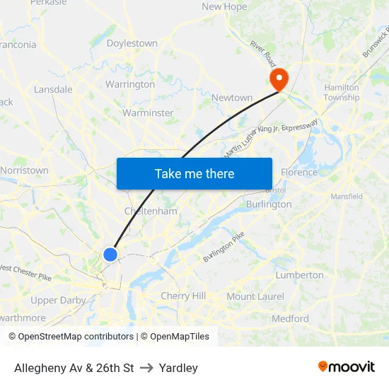 Allegheny Av & 26th St to Yardley map