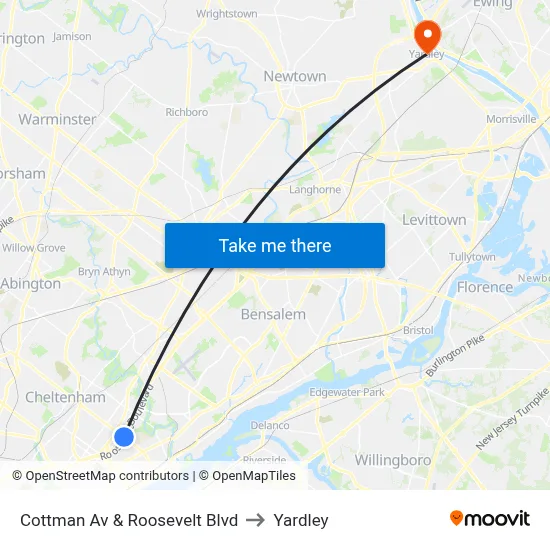 Cottman Av & Roosevelt Blvd to Yardley map