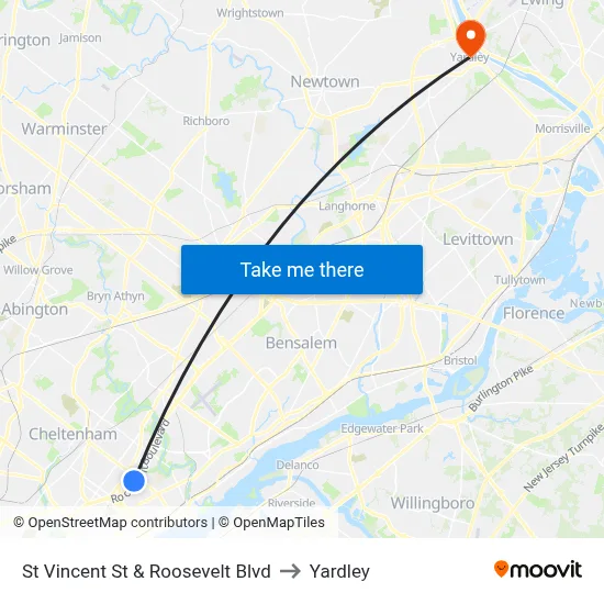 St Vincent St & Roosevelt Blvd to Yardley map