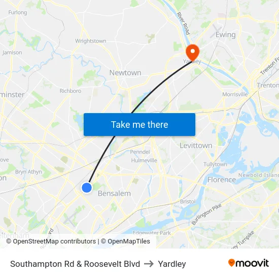 Southampton Rd & Roosevelt Blvd to Yardley map