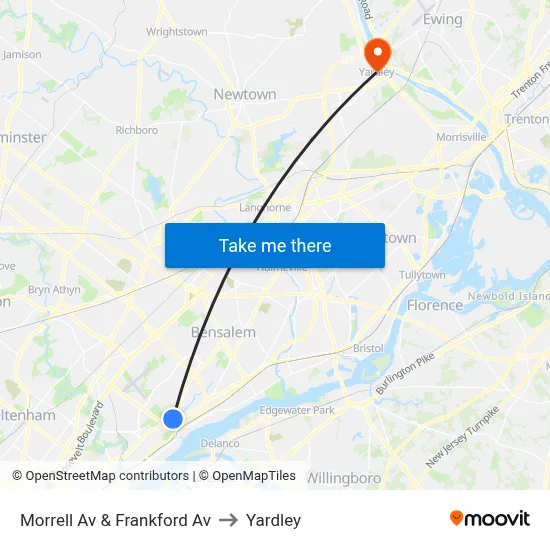 Morrell Av & Frankford Av to Yardley map