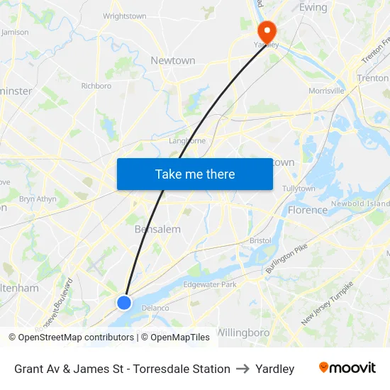 Grant Av & James St - Torresdale Station to Yardley map