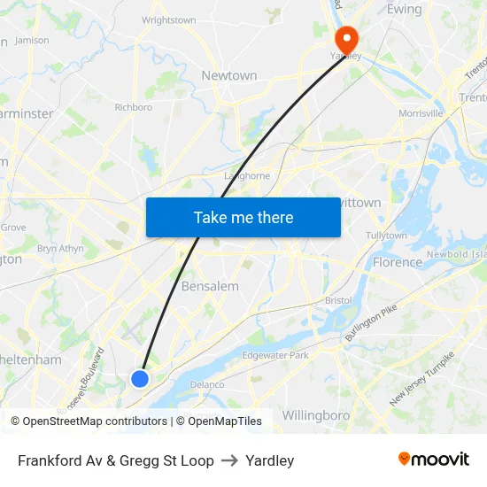 Frankford Av & Gregg St Loop to Yardley map