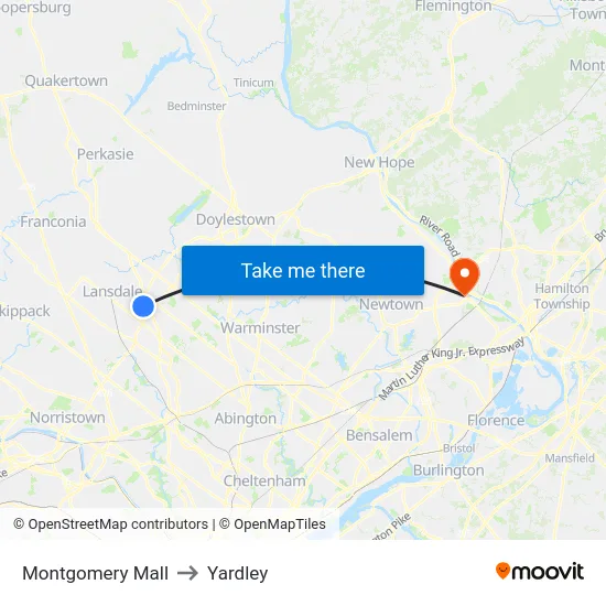 Montgomery Mall to Yardley map