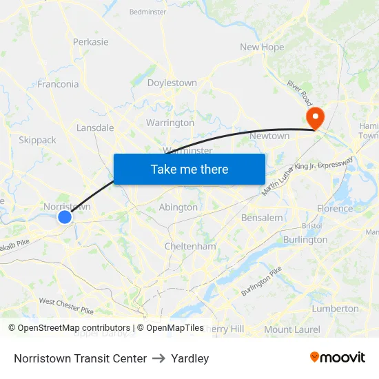 Norristown Transit Center to Yardley map