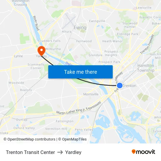 Trenton Transit Center to Yardley map