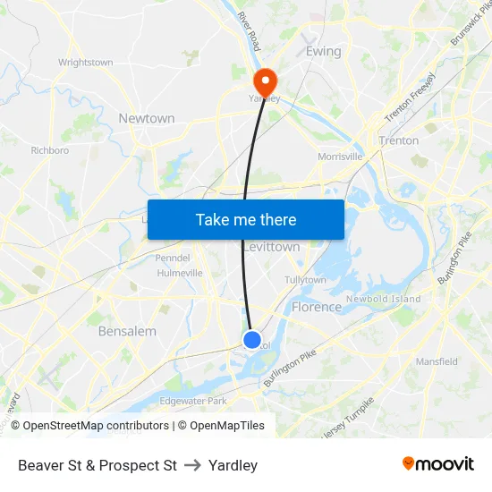 Beaver St & Prospect St to Yardley map