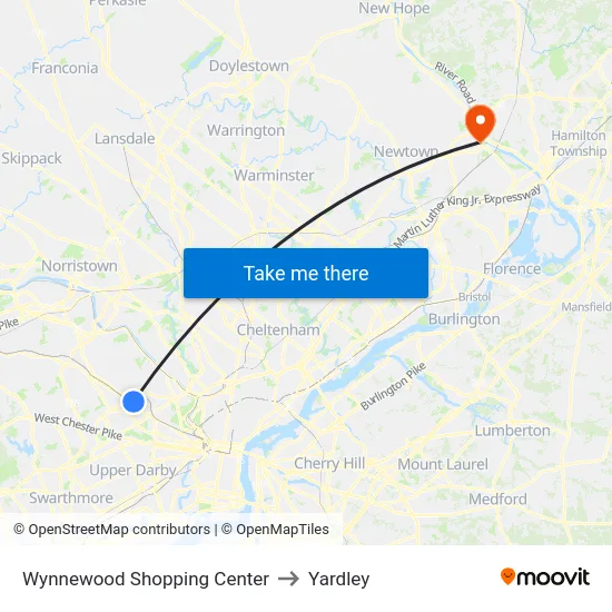 Wynnewood Shopping Center to Yardley map
