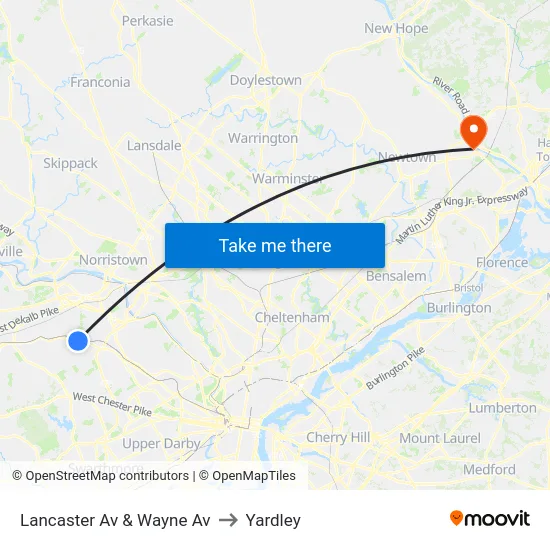 Lancaster Av & Wayne Av to Yardley map