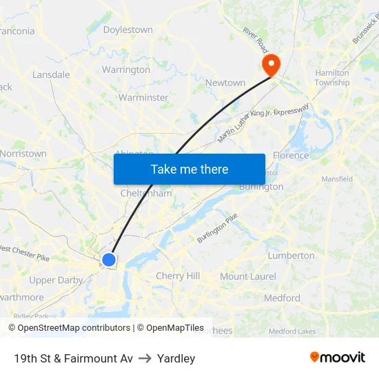 19th St & Fairmount Av to Yardley map