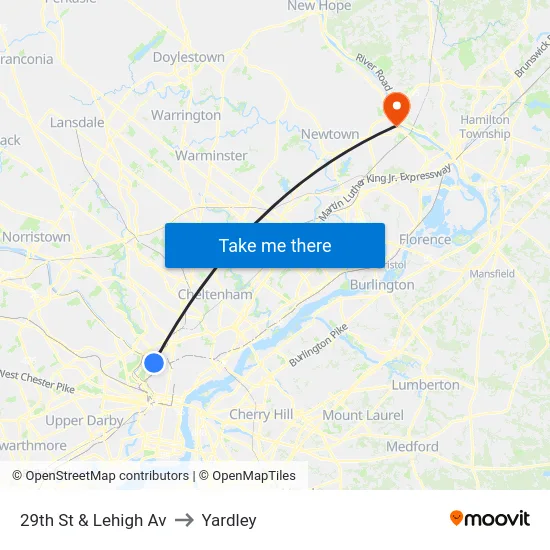 29th St & Lehigh Av to Yardley map