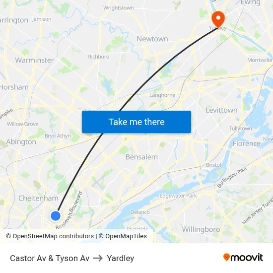 Castor Av & Tyson Av to Yardley map