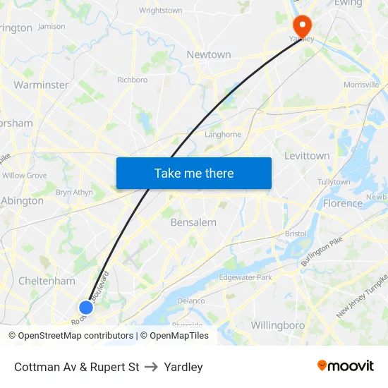 Cottman Av & Rupert St to Yardley map