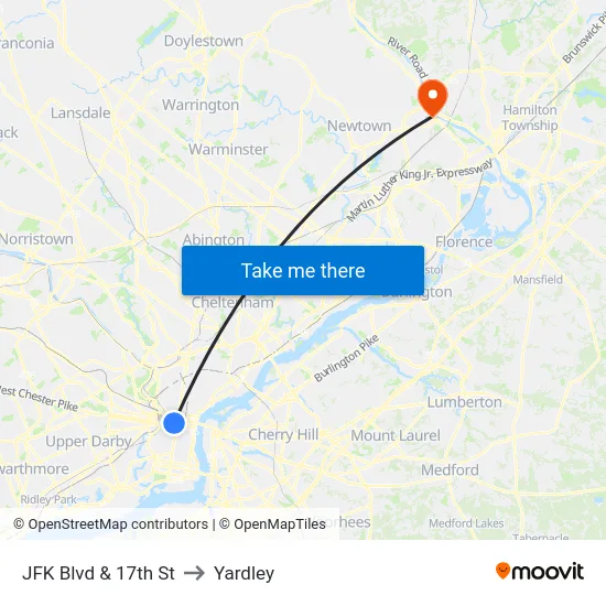 JFK Blvd & 17th St to Yardley map