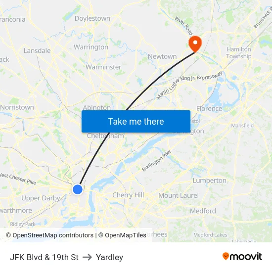 JFK Blvd & 19th St to Yardley map