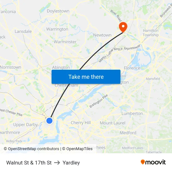 Walnut St & 17th St to Yardley map