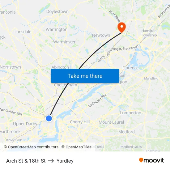 Arch St & 18th St to Yardley map