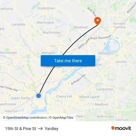 19th St & Pine St to Yardley map