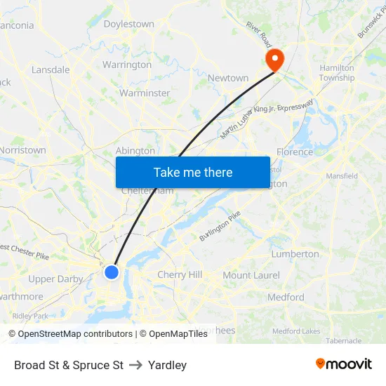 Broad St & Spruce St to Yardley map