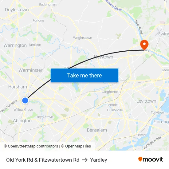 Old York Rd & Fitzwatertown Rd to Yardley map