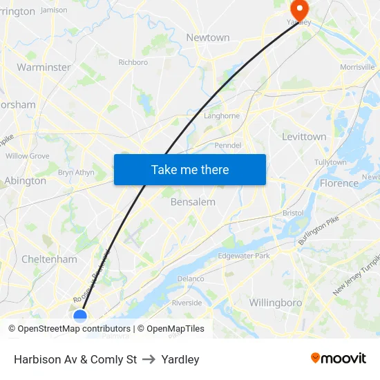 Harbison Av & Comly St to Yardley map