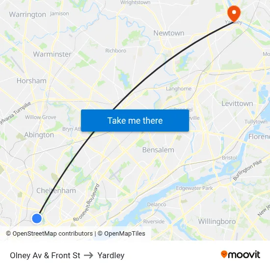 Olney Av & Front St to Yardley map