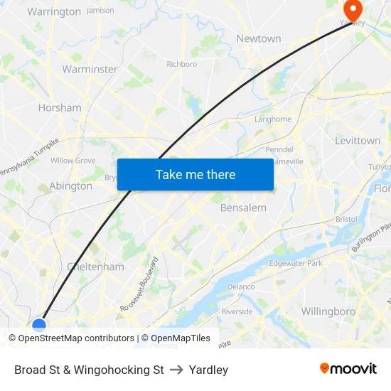 Broad St & Wingohocking St to Yardley map