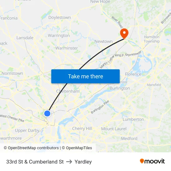 33rd St & Cumberland St to Yardley map