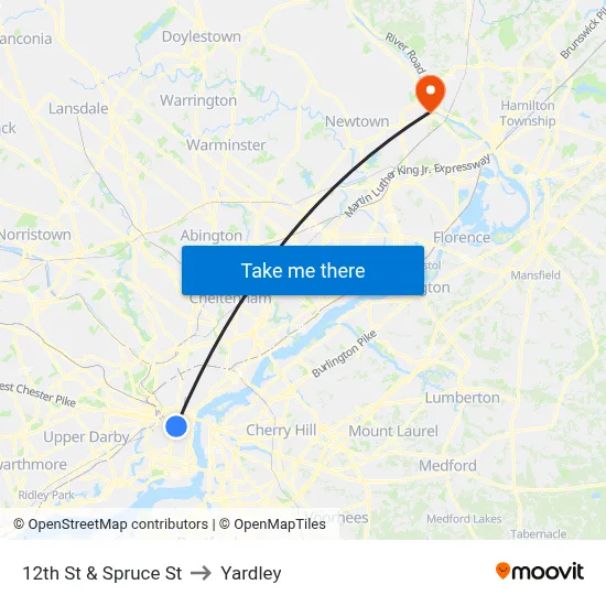 12th St & Spruce St to Yardley map