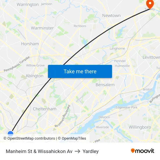 Manheim St & Wissahickon Av to Yardley map