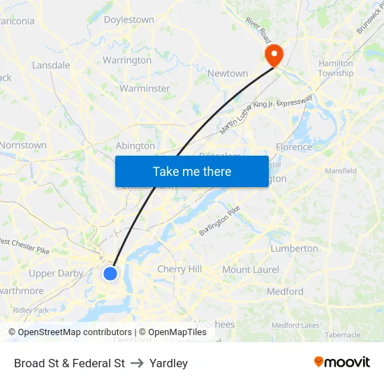 Broad St & Federal St to Yardley map
