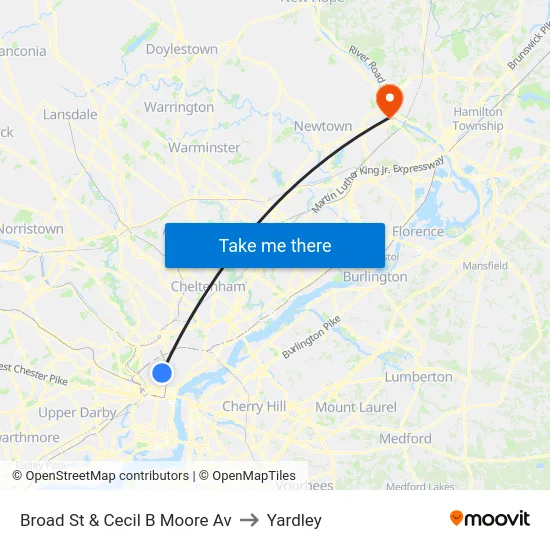 Broad St & Cecil B Moore Av to Yardley map