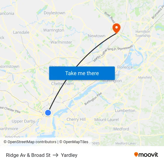 Ridge Av & Broad St to Yardley map
