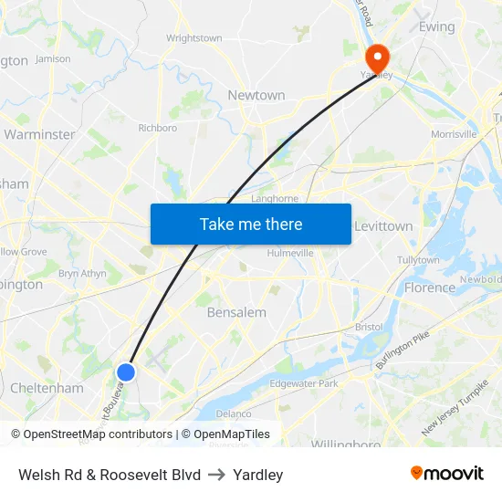 Welsh Rd & Roosevelt Blvd to Yardley map