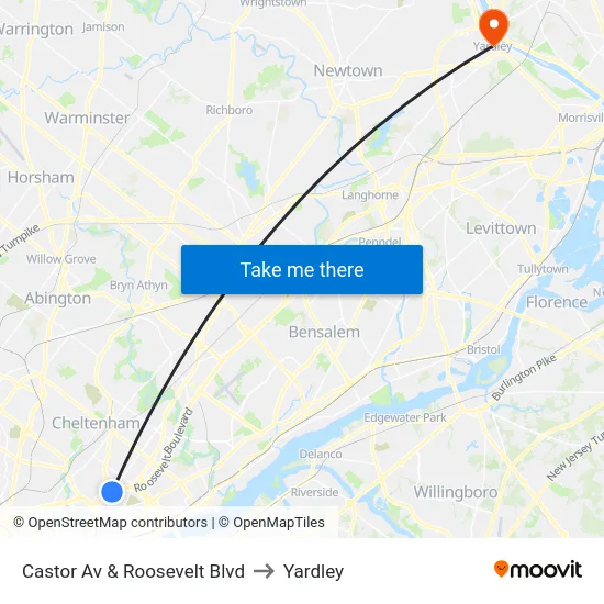 Castor Av & Roosevelt Blvd to Yardley map